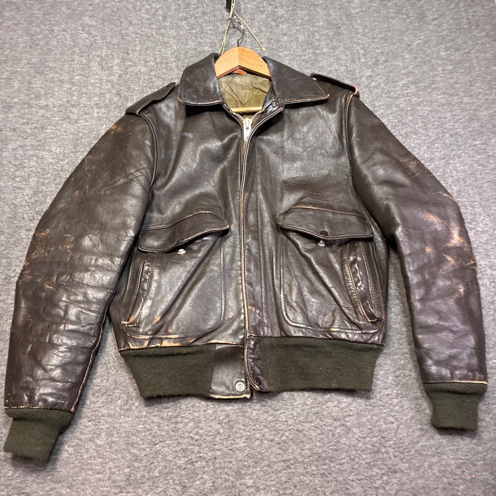Vintage Flight Jacket Mens Brown Leather Distressed Talon Zipper 1940s?  Schott?